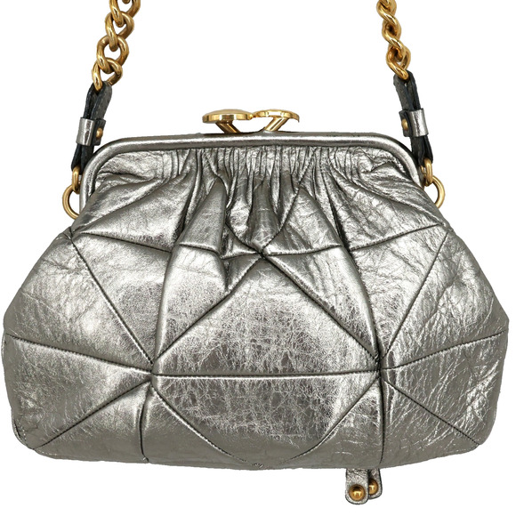 Marc Jacobs Handbag Womens Leather Metallic Silver Bag Gold Chain Kiss Lock - Picture 1 of 16